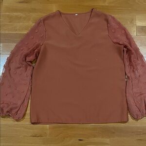 Amazon Rust V-Neck Blouse with Textured Sleeves